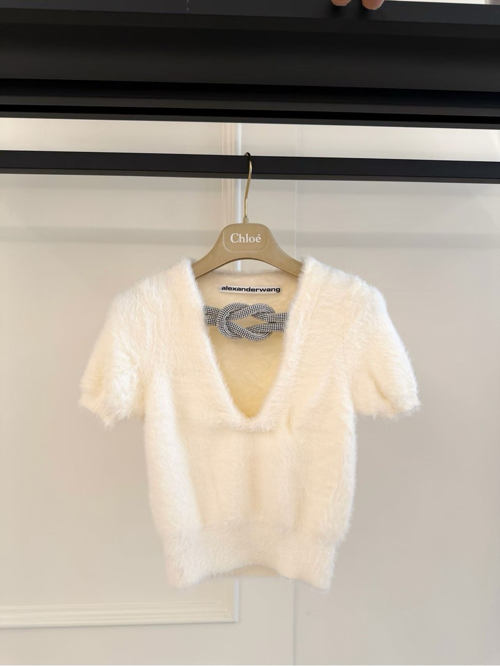 Alexander Wang Cream Fuzzy V-Neck Sweater with Rhinestone Knot